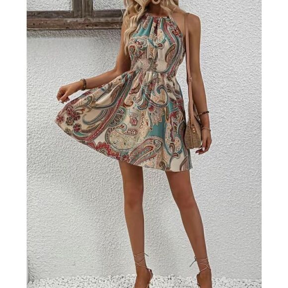 NEW SZ L Beautiful Paisley Print Boho Sleeveless Halter Neck Dress - Picture 4 of 5